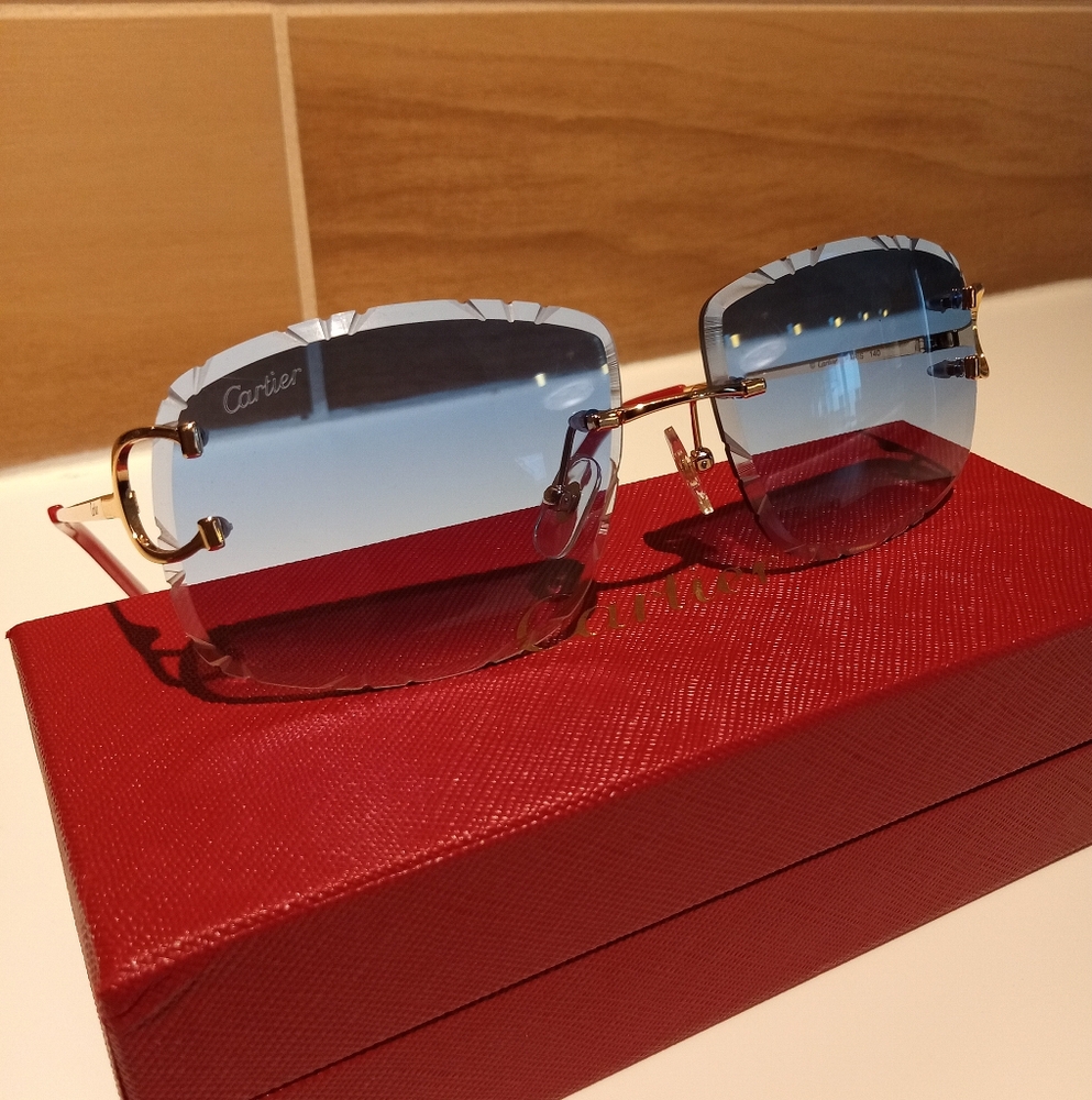 Cartier C decor Blue Azul Tint Gold Wire Diamond Cut Lens Rimless Glasses